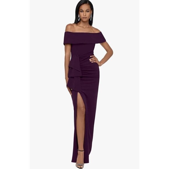 New Xscape Women's Size 10 Long Off The Shoulder Scuba Crepe Slit Dress Mulberry